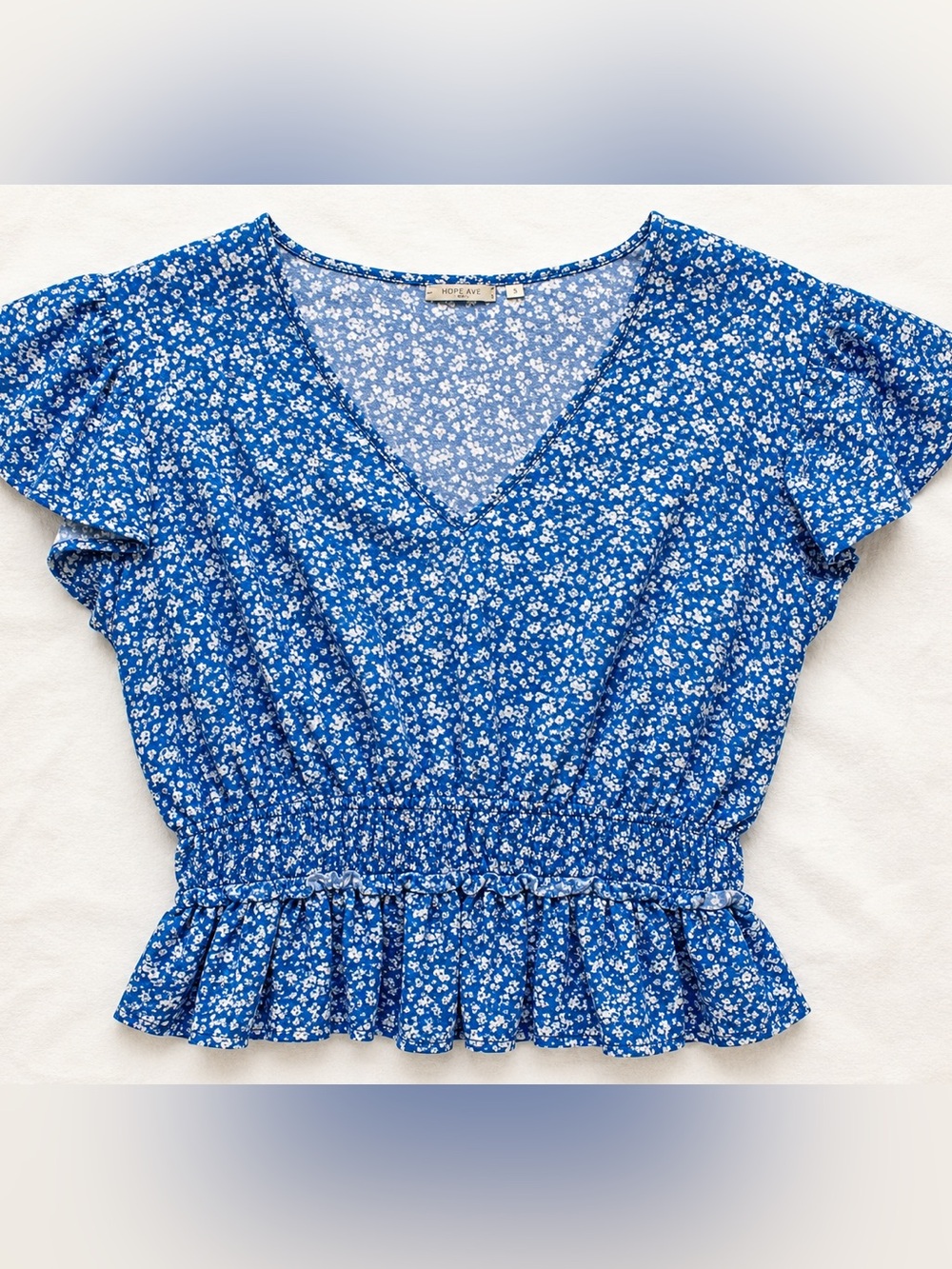 Blue Floral Peplum Crop Top Cottagecore Boho Small